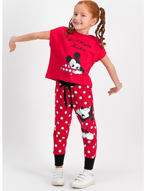 Mickey Mouse Lisanslı Kırmızı Kız Çocuk Pijama Takımı