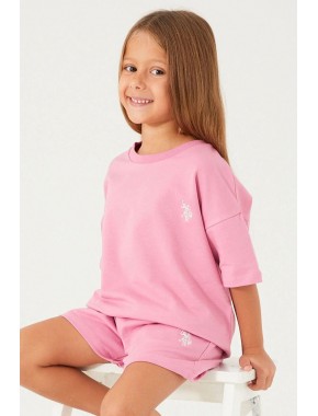  U.s. Polo Assn Plain Open Naive Toz Pembe Kız Çocuk Şort Takım