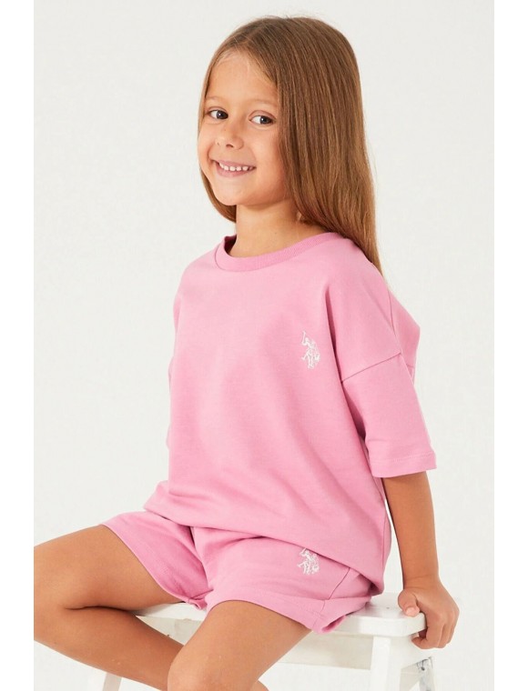  U.s. Polo Assn Plain Open Naive Toz Pembe Kız Çocuk Şort Takım