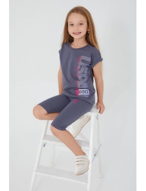  U.s. Polo Assn Navy Blue Written Mor Kız Çocuk Tayt Takım