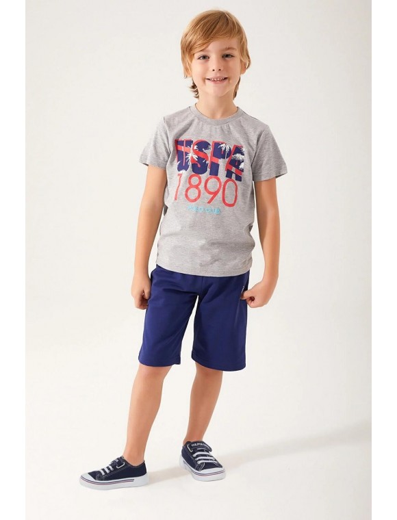 U.S. Polo Assn. Palm Leaf Detail Gri Melanj Erkek Çocuk Bermuda Takım 