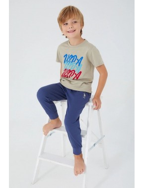 U.S. Polo Assn. Writing Açık Haki Erkek Çocuk Kısa Kol Pijama Takım