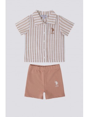 U.S. Polo Assn. Sensitive Bej Çizgili Bebek Polo Yaka Tshirt Takım 