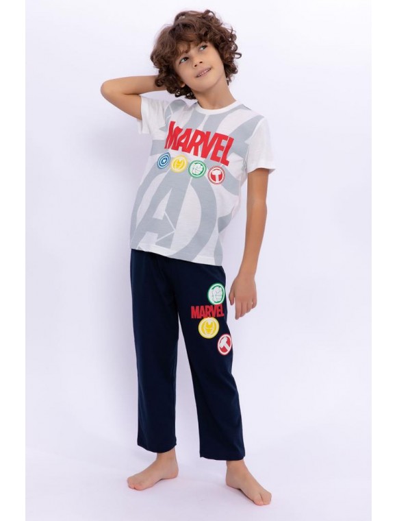 Avengers Lisanslı Marvel Krem Erkek Çocuk Bisiklet Yaka Pijama Takımı