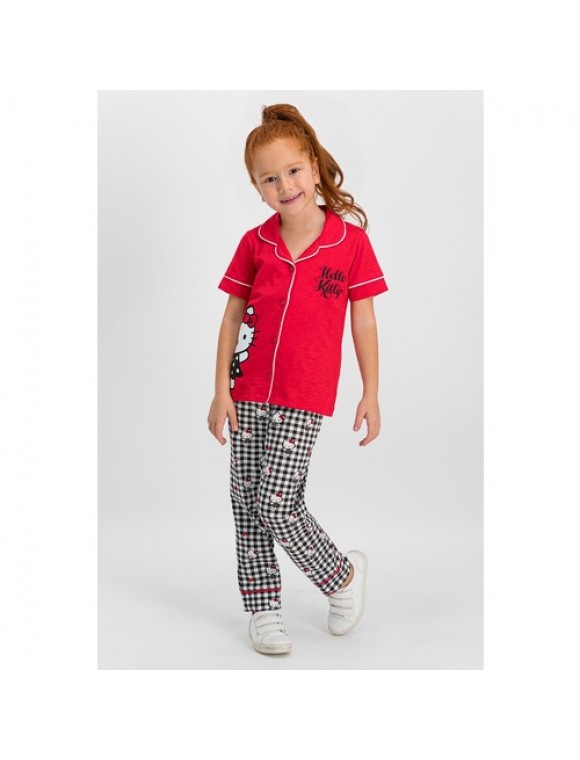 Hello Kitty Lisanslı Kırmızı Kız Çocuk Gömlek Pijama Takımı