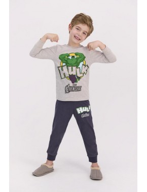 Hulk Lisanslı Koyu Bejmelanj Erkek Çocuk Uzun Kol Pijama Takımı