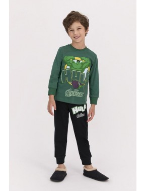 Hulk Lisanslı Koyu Haki Erkek Çocuk Uzun Kol Pijama Takımı