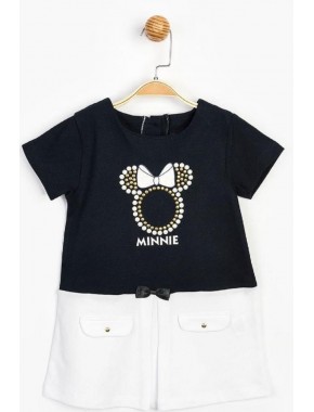 Kız Çocuk Siyah Beyaz  Minnie Mouse & Taş Baskılı Elbise 15513
