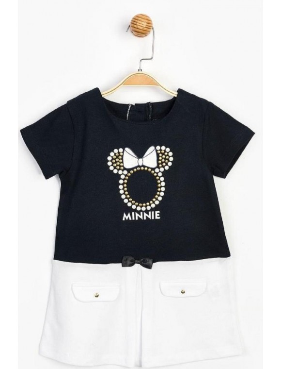 Kız Çocuk Siyah Beyaz  Minnie Mouse & Taş Baskılı Elbise 15513