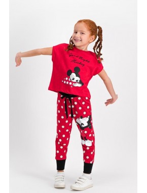 Mickey Mouse Lisanslı Kırmızı Kız Çocuk Pijama Takımı D4305-C