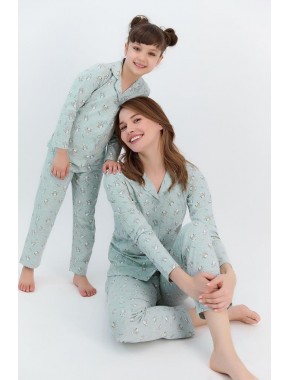 Relax Yeşilmelanj Kız Çocuk Gömlek Pijama Takımı