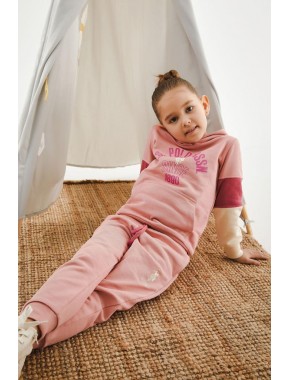 Retro Pembe Kız Çocuk Kanguru Cepli Eşofman Takım