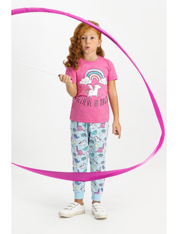 Rolypoly Believe Magic Pembe Kısa Kollu Kız Çocuk Pijama Takımı