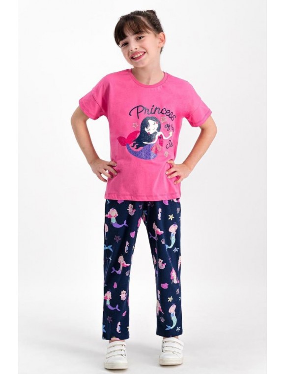 Rolypoly Kız Çocuk Pijama Takımı Yarım Kol Denizkızı Princess Desenli Süprem Rpoly17531
