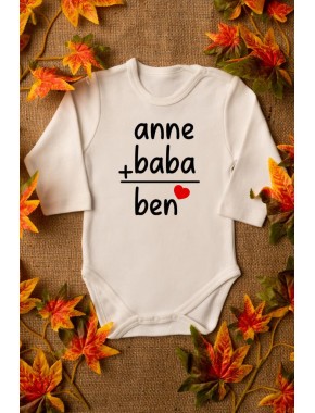 Unisex Bebek Anne Baba Yazılı Organik Baskılı Uzun Kollu Ekru Çıtçıtlı Body / Zıbın 8002
