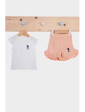 US. Polo Assn Basic Krem Kız Bebek Fırfırlı Kısa Kollu Takım
